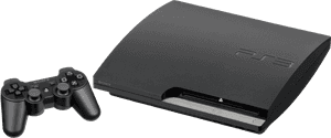 白色背景上的黑色 PlayStation 3 主機和控制器。