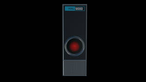 HAL 9000電腦，帶有紅色眼睛和藍色顯示屏，背景為黑色 — 機器人 壁紙