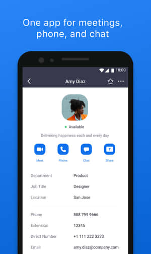 手機螢幕顯示聯絡人 Amy Diaz，附有可用狀態和通話/聊天選項。 — Galaxy Tab A 壁紙