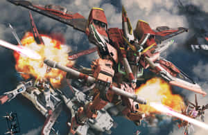 紅白機甲在太空戰中發射加農炮，伴有爆炸。 — 日本武士 壁紙