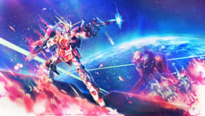 兩部巨型機甲在太空中戰鬥，背景有爆炸和星球。 — 動漫桌面 壁紙
