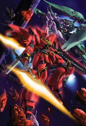 紅色和綠色機甲在太空中以發光武器和漂浮的小行星碰撞。 — 機動戰士鋼彈 壁紙