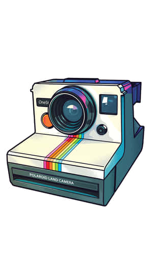 帶有彩虹條紋和OneStep標籤的插圖式復古Polaroid Land相機。 — 拍立得 壁紙