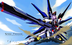藍白相間的Gundam機動戰士在明亮的天空中飛翔，帶有火花。 — 機動戰士鋼彈 壁紙