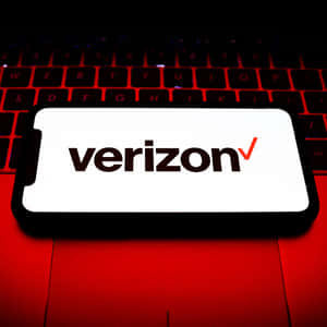 智慧型手機在紅色照亮的筆記型電腦鍵盤上顯示Verizon標誌。 — 威訊 壁紙