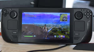Steam Deck 主機顯示《Fortnite》遊戲畫面，帶有發光的劍和色彩繽紛的景觀。 — 高畫質遊戲 壁紙