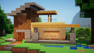 一間由石頭和木頭製成的Minecraft房屋，附近有一個池塘，位於像素化景觀中。 — 我的世界 壁紙