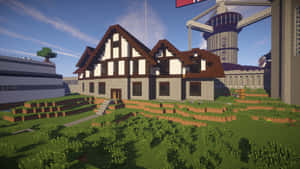 Minecraft中的半木造房屋，草地露台和現代建築在藍天下 — 可愛 Minecraft 壁紙