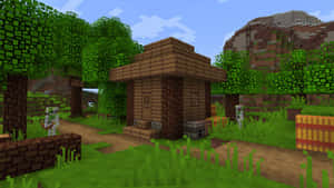 像素森林中的木製Minecraft小屋，附近站著一個骷髏。 — 我的世界 壁紙