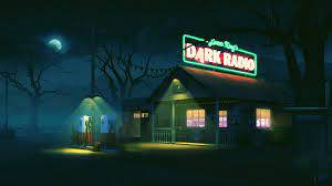一間名為 Dark Radio 的霓虹燈餐廳，在霧夜中，有光禿的樹木和月牙。 — 瓦斯 壁紙