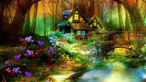 魔法森林中的夢幻小屋，帶發光窗戶和石橋。 — 花園 壁紙