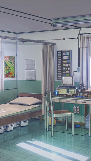 動漫病房，內有床、書桌、電腦和海報，日光照射。 — 1440p 壁紙