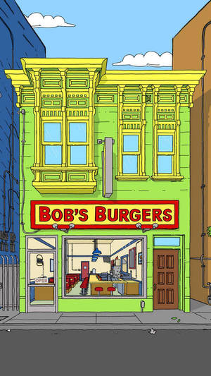 Bob's Burgers 餐廳，綠色和黃色外牆及紅色招牌。 — 卡通 壁紙