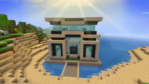 沙灘上的現代Minecraft房屋，有海洋和陽光 — 我的世界 壁紙
