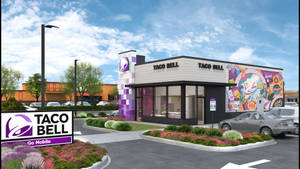 Taco Bell餐廳，有彩色壁畫和停車場，在藍天下。 — 塔可 壁紙