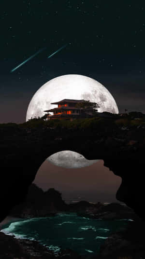 懸崖上發光的房子，巨大的月亮和流星。 — 首頁 壁紙