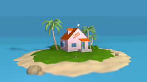 熱帶島嶼上的粉紅色房子，有棕櫚樹和藍色海洋 — 花園 壁紙