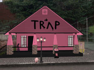 鵝卵石街道上帶有「TRAP」塗鴉和復古路燈的粉紅色房子。 — 粉紅色 壁紙