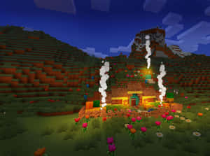 夜晚，一座Minecraft房屋的煙囪冒著煙，周圍環繞著五顏六色的花朵。 — 像素藝術 壁紙