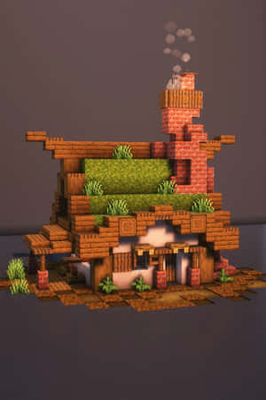 一間方塊狀的Minecraft房屋，帶有冒煙的煙囪和草屋頂。 — 城堡動畫 壁紙