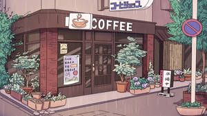 咖啡店外下雨天，有盆栽植物和日文招牌。 — 咖啡美學 壁紙