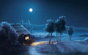 雪地中一間溫暖照明的小屋，在夜晚的滿月下。 — 夜空 壁紙