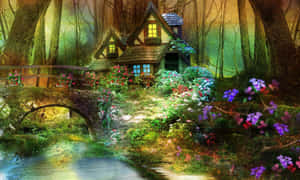 魔法森林中的舒適小屋，配有石橋和色彩繽紛的鮮花。 — 魔法森林 壁紙