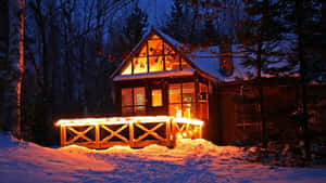 夜間窗戶和門廊透出溫暖燈光的積雪覆蓋的小屋。 — 冬季風景 壁紙