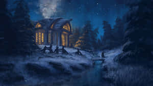 夜晚森林中，星空下，一間有發光窗戶的雪中小木屋。 — 昏暗 壁紙