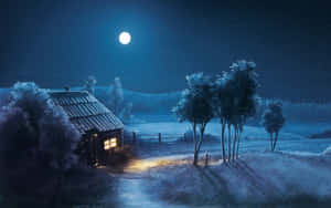 雪中小木屋在夜晚的滿月下散發溫暖的光芒。 — 鼠尾草綠桌面 壁紙