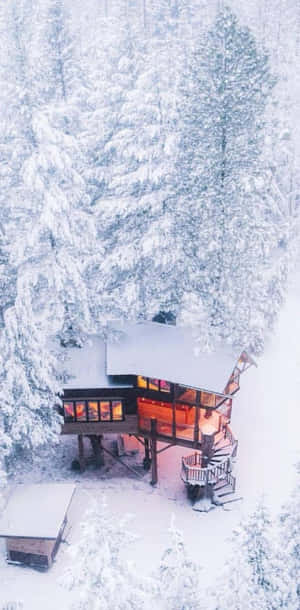 冬季森林中，雪覆蓋的小屋窗戶透出溫暖的燈光。 — 冬季房屋 壁紙