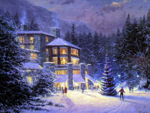 積雪山間小屋，窗戶發光，滑雪者靠近點亮的樹。 — 冬季風景 壁紙