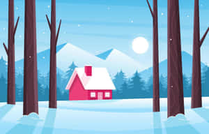 雪林中的粉紅色小屋，有山和月亮 — 酷寒冬季 壁紙