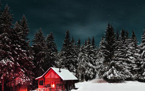 夜晚，雪地森林中一間紅色小屋的窗戶透出溫暖的光芒。 — 冬季房屋 壁紙