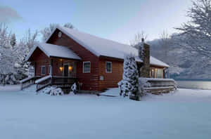 結冰湖邊被雪覆蓋的小屋，黃昏時溫暖燈光閃爍。 — 冬季風景 壁紙