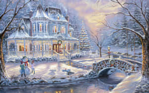 孩子們在黃昏時分在積雪的維多利亞式房屋附近堆雪人。 — 聖誕復古 壁紙