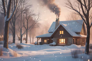 雪地冬季森林中的舒適小屋，帶有溫暖燈光和煙囪冒出的煙 — Surface Pro 壁紙