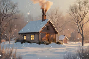 一間舒適的小屋，帶有溫暖的燈光和升起的煙霧，在白雪皚皚的冬季森林中。 — Surface Pro 壁紙