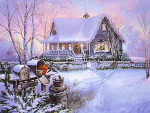 舒適的雪覆蓋小屋，帶有溫暖燈光和節日裝飾，在冬日暮色中。 — 冬季風景 壁紙