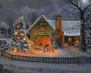 舒適的冬季小屋，雪人與亮燈的樹在雪地院子裡，夜晚。 — 冬季房屋 壁紙