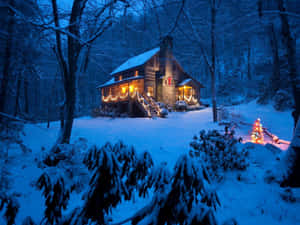 雪地森林中的舒適小屋，夜晚有溫暖燈光和裝飾樹。 — 冬季風景 壁紙