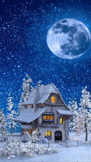 舒適的雪覆蓋小屋在滿月下於冬夜天空中發光 — 高畫質月亮 壁紙