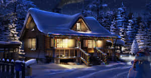 雪夜中溫暖發光窗戶和雪人的舒適小屋 — 冬季風景 壁紙