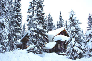 雪地森林中的舒適小屋，冰柱和溫暖的燈光從窗戶透出。 — 冬季風景 壁紙