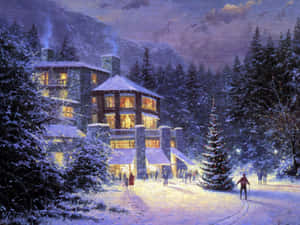 雪覆蓋的山間小屋，溫暖的燈光和冬夜的滑雪者。 — 黃昏 壁紙