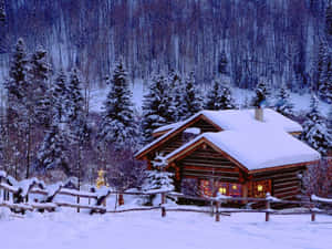 雪地森林中舒適的木屋，窗戶透出溫暖的燈光。 — 冬季風景 壁紙