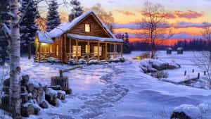 雪地冬季景觀中舒適的小屋，在日落時分窗戶透出溫暖的燈光。 — 酷寒冬季 壁紙