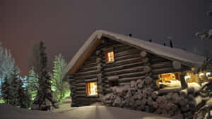 雪覆蓋的木屋，夜晚窗戶透出溫暖的燈光。 — 首頁 壁紙