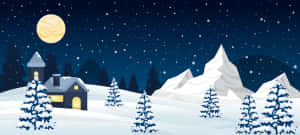 滿月下雪冬季森林中的舒適房子 — 冬季風景 壁紙