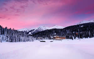 日落時分，粉紅和紫色天空下的雪白山間小屋 — 雪山 壁紙